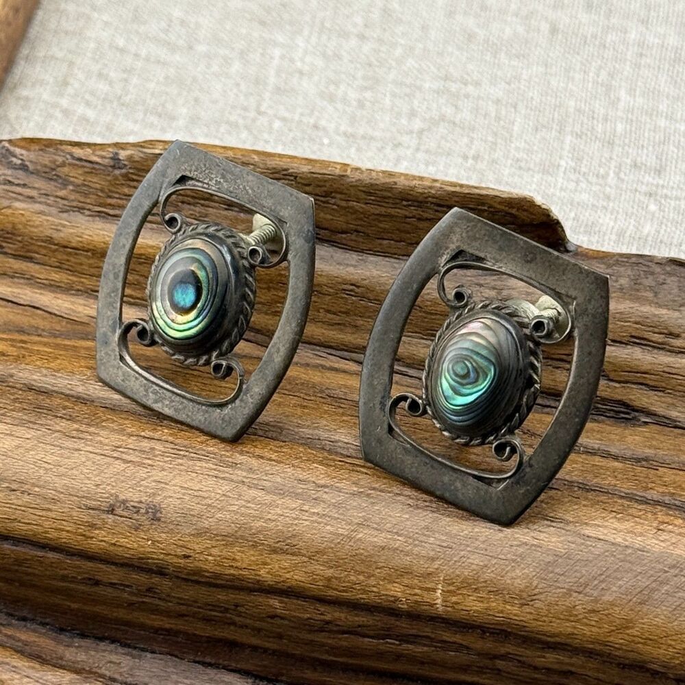 Sterling Silver 925 Abalone Shell Screw Back Earrings Artist Signed Mexico VTG